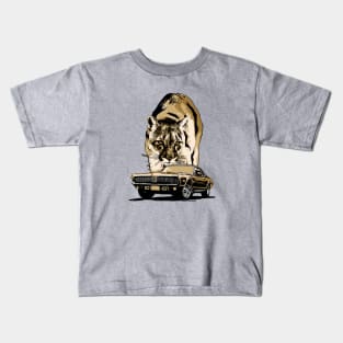 1968 Mercury Cougar with cougar cat backdrop, gold theme. Original design Kids T-Shirt